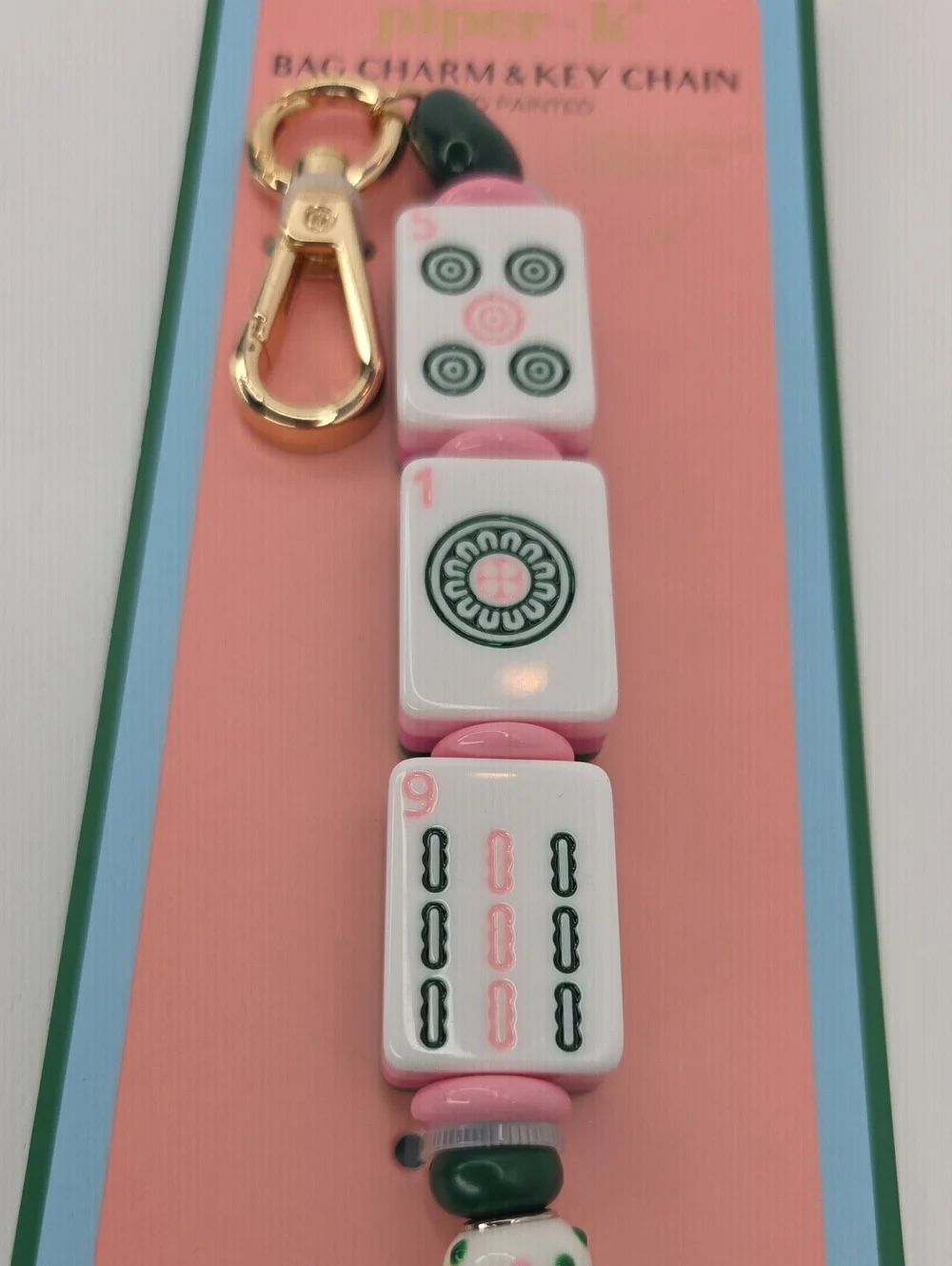 💕▪️piper K ▪️ Pink Mahjong Tile Bag Charm & Key Chain with Green Tassel